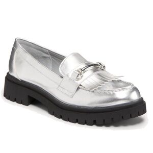 NWOTB — OLD NAVY Women Faux Leather Chunky Heel Lug Sole Silver Loafers Size 7